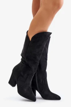 Boto Kozaki Przed Kolano Na Słupku Z Eko Zamszu Czarne Clorira Czarny