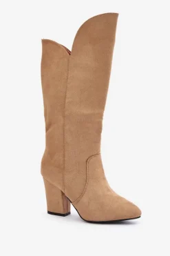 Damskie Boto Kozaki Przed Kolano Na Słupku Z Eko Zamszu Beżowe Clorira