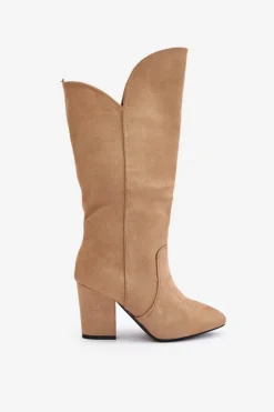 Damskie Boto Kozaki Przed Kolano Na Słupku Z Eko Zamszu Beżowe Clorira