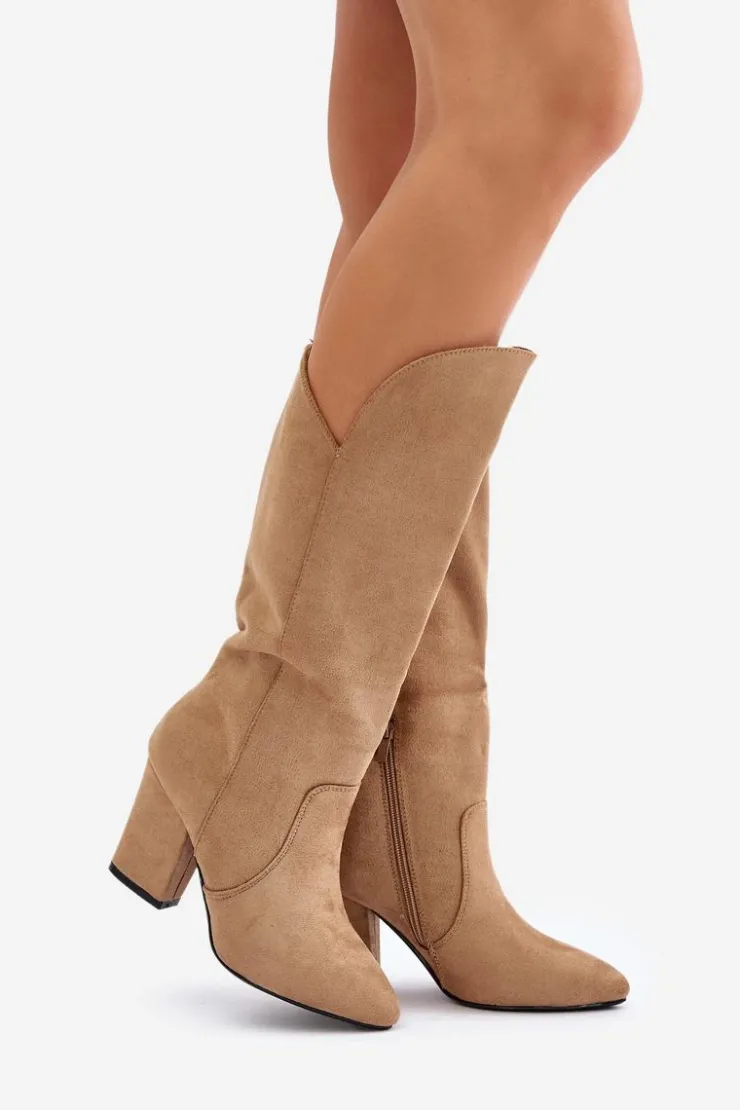 Damskie Boto Kozaki Przed Kolano Na Słupku Z Eko Zamszu Beżowe Clorira