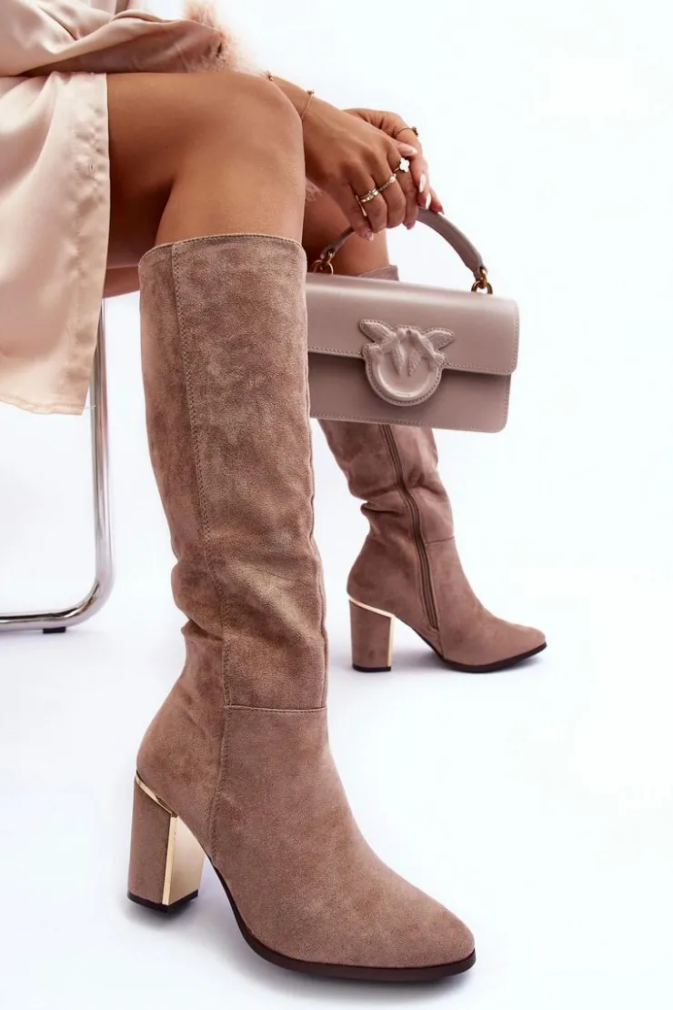 Damskie Boto Kozaki Przed Kolano Na Słupku Zamszowe Beżowe Kilrenita