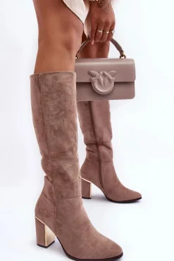 Damskie Boto Kozaki Przed Kolano Na Słupku Zamszowe Beżowe Kilrenita