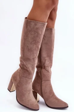 Damskie Boto Kozaki Przed Kolano Na Słupku Zamszowe Beżowe Kilrenita
