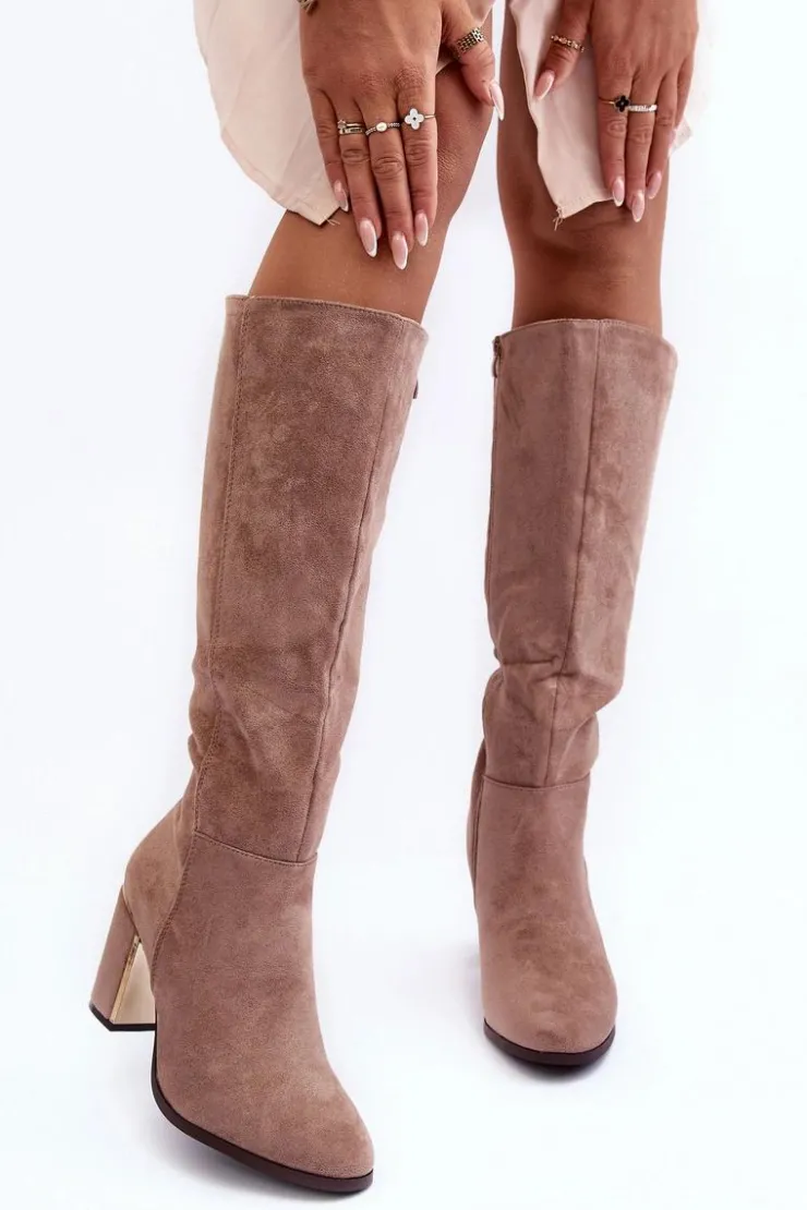 Damskie Boto Kozaki Przed Kolano Na Słupku Zamszowe Beżowe Kilrenita