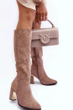 Damskie Boto Kozaki Przed Kolano Na Słupku Zamszowe Beżowe Kilrenita
