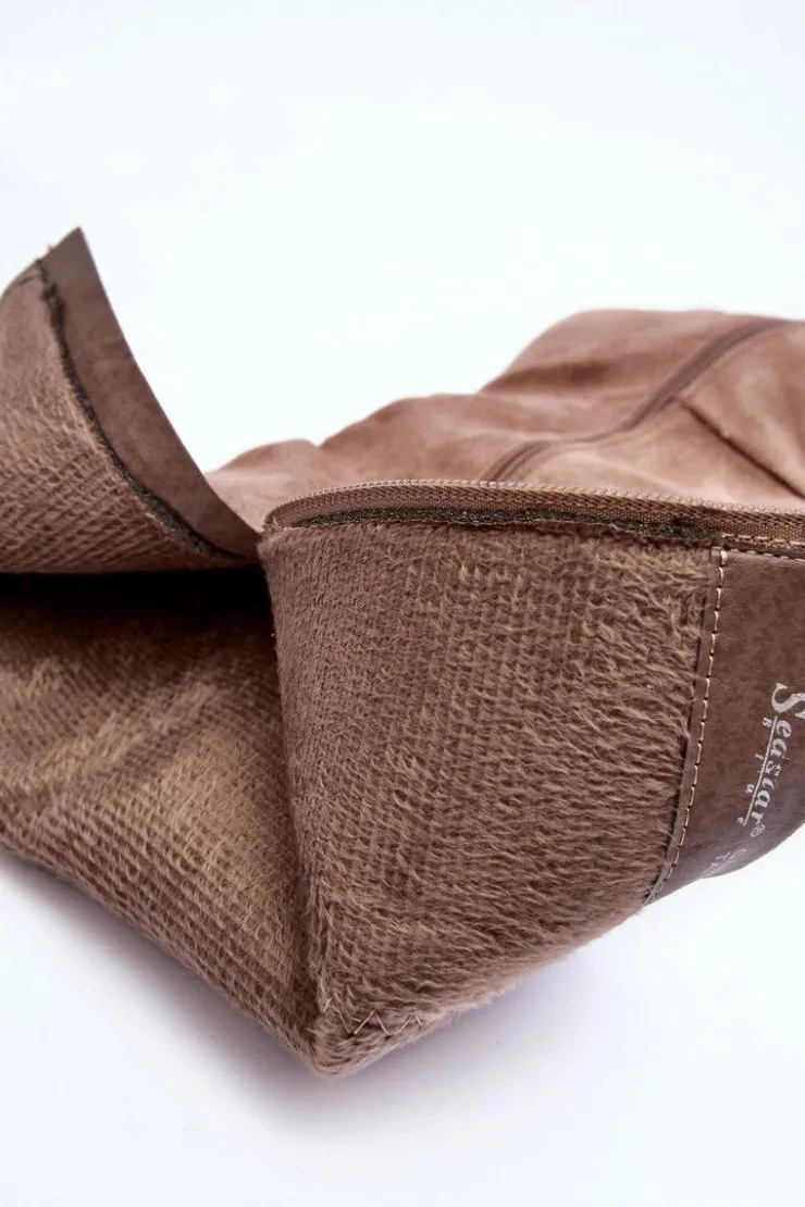 Damskie Boto Kozaki Przed Kolano Na Słupku Zamszowe Beżowe Kilrenita