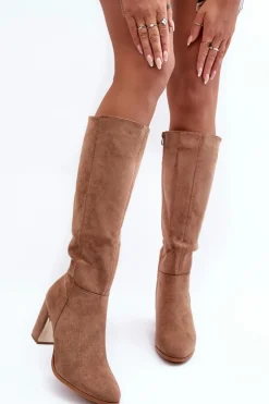 Boto Kozaki Przed Kolano|Kozaki Na Obcasie*Kozaki Przed Kolano Na Słupku Zamszowe Ciemnobeżowe Kilrenita