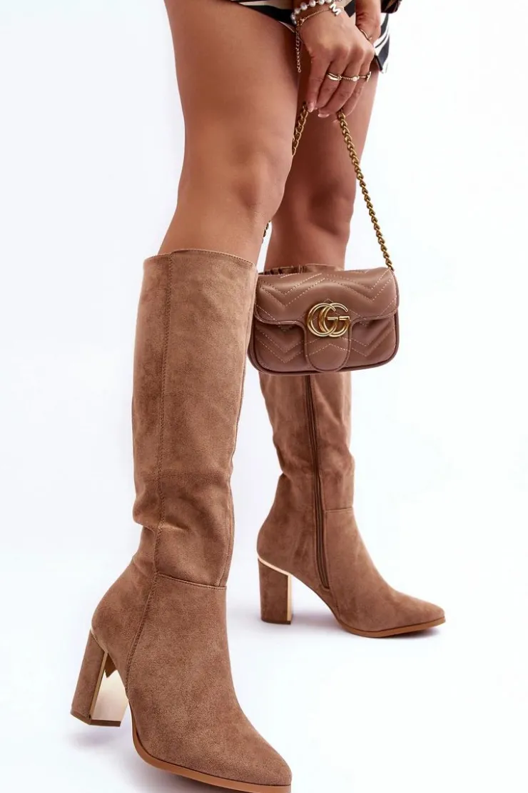 Boto Kozaki Przed Kolano|Kozaki Na Obcasie*Kozaki Przed Kolano Na Słupku Zamszowe Ciemnobeżowe Kilrenita