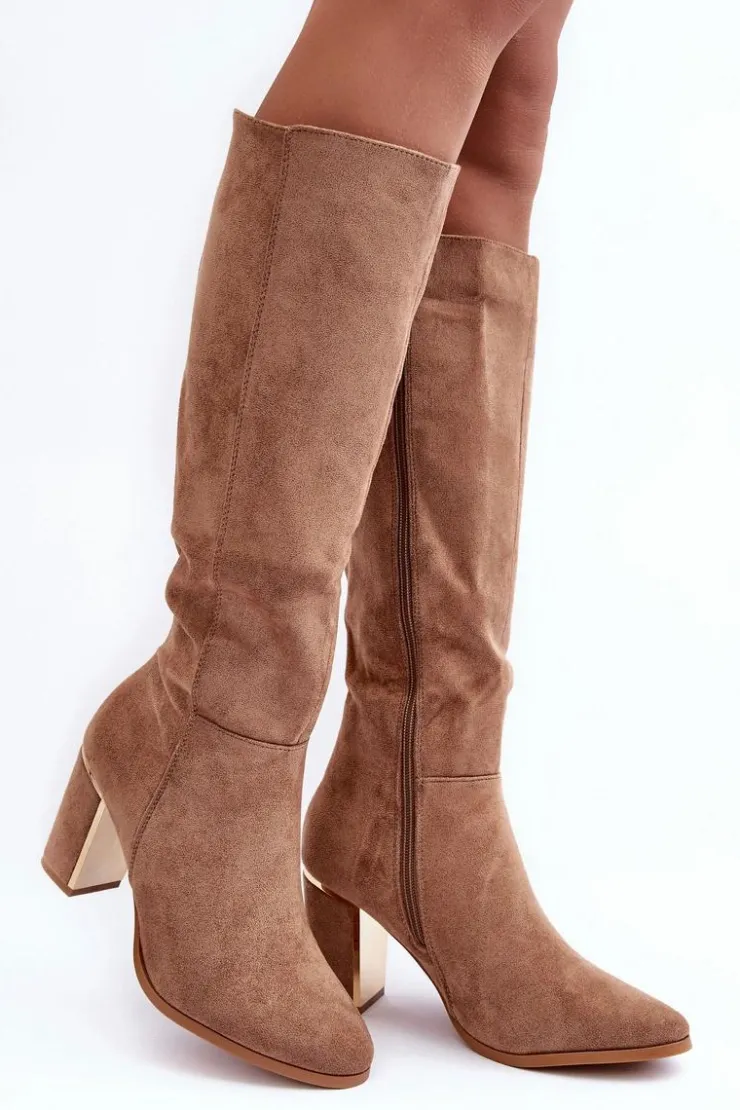 Boto Kozaki Przed Kolano|Kozaki Na Obcasie*Kozaki Przed Kolano Na Słupku Zamszowe Ciemnobeżowe Kilrenita