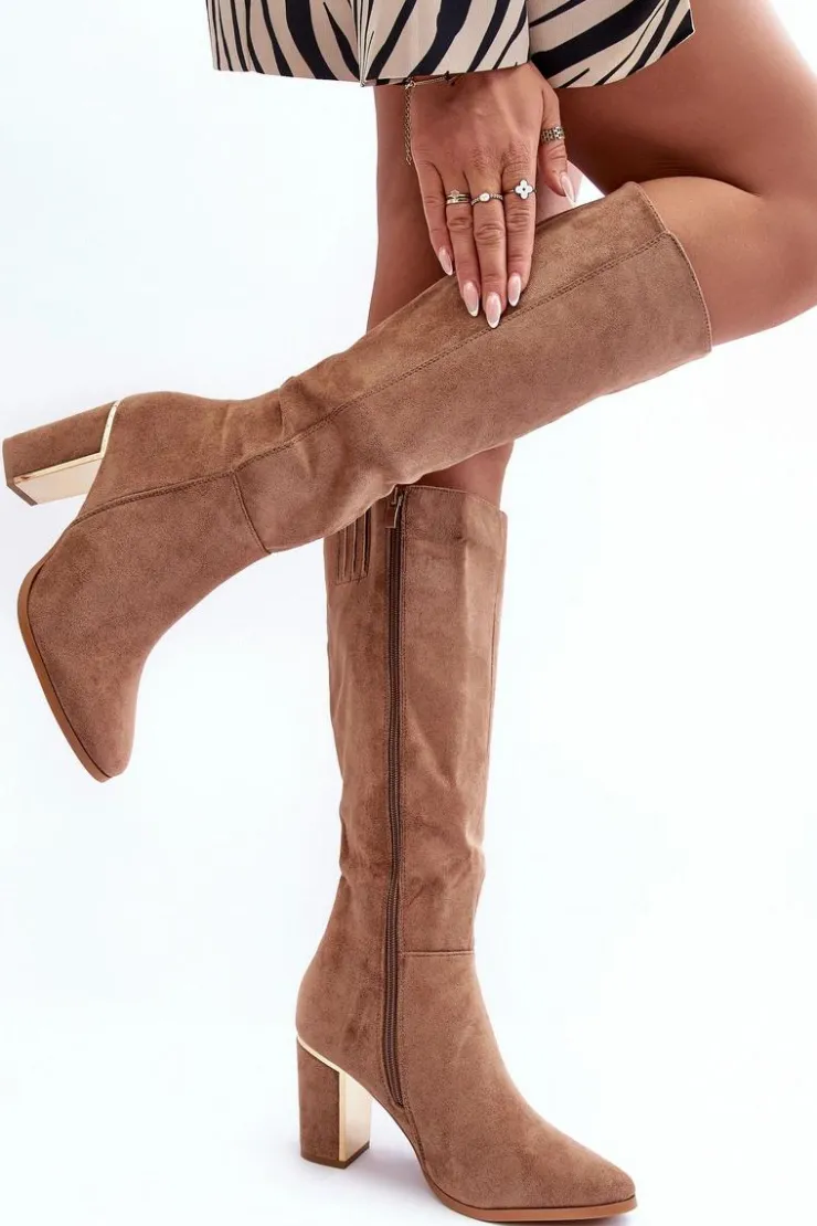 Boto Kozaki Przed Kolano|Kozaki Na Obcasie*Kozaki Przed Kolano Na Słupku Zamszowe Ciemnobeżowe Kilrenita