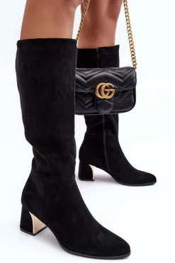 Damskie Boto Kozaki Przed Kolano Zamszowe Na Obcasie Czarne Inatris