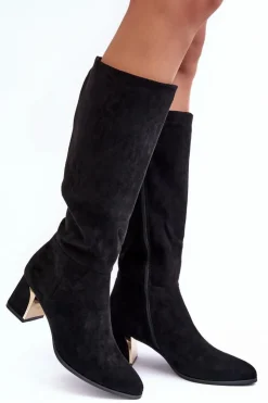 Damskie Boto Kozaki Przed Kolano Zamszowe Na Obcasie Czarne Inatris