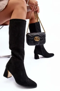 Damskie Boto Kozaki Przed Kolano Zamszowe Na Obcasie Czarne Inatris