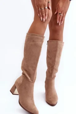 Online Boto Kozaki Przed Kolano Zamszowe Na Obcasie Beżowe Inatris