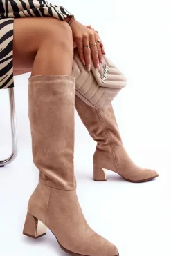 Online Boto Kozaki Przed Kolano Zamszowe Na Obcasie Beżowe Inatris