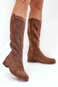 Damskie buty S.Barski Kozaki Wiosenne|Kozaki Ażurowe*Kozaki Z Ażurową Cholewką Na Płaskim Obcasie S.Barski HY51-860 Brązowe Brązowy