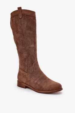 Damskie buty S.Barski Kozaki Wiosenne|Kozaki Ażurowe*Kozaki Z Ażurową Cholewką Na Płaskim Obcasie S.Barski HY51-860 Brązowe Brązowy