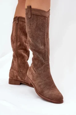 Damskie buty S.Barski Kozaki Wiosenne|Kozaki Ażurowe*Kozaki Z Ażurową Cholewką Na Płaskim Obcasie S.Barski HY51-860 Brązowe Brązowy