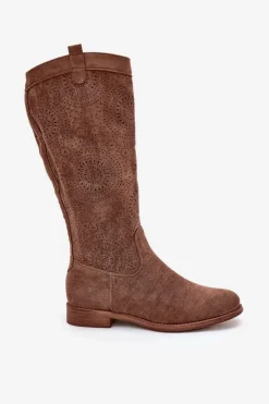 Damskie buty S.Barski Kozaki Wiosenne|Kozaki Ażurowe*Kozaki Z Ażurową Cholewką Na Płaskim Obcasie S.Barski HY51-860 Brązowe Brązowy