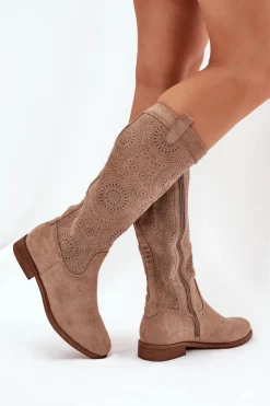 Damskie buty S.Barski Kozaki Wiosenne|Kozaki Ażurowe*Kozaki Z Ażurową Cholewką Na Płaskim Obcasie S.Barski HY51-860 Beżowe