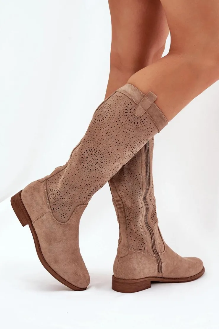 Damskie buty S.Barski Kozaki Wiosenne|Kozaki Ażurowe*Kozaki Z Ażurową Cholewką Na Płaskim Obcasie S.Barski HY51-860 Beżowe