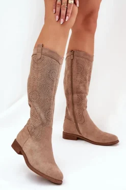 Damskie buty S.Barski Kozaki Wiosenne|Kozaki Ażurowe*Kozaki Z Ażurową Cholewką Na Płaskim Obcasie S.Barski HY51-860 Beżowe