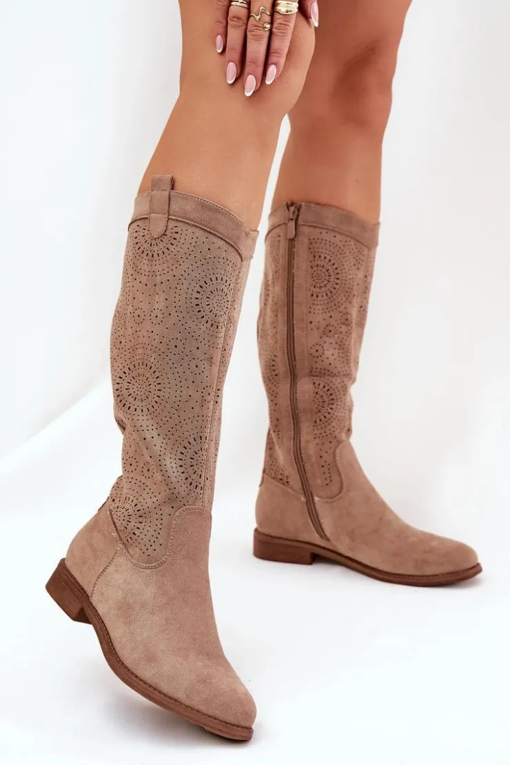 Damskie buty S.Barski Kozaki Wiosenne|Kozaki Ażurowe*Kozaki Z Ażurową Cholewką Na Płaskim Obcasie S.Barski HY51-860 Beżowe