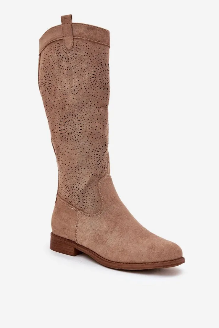 Damskie buty S.Barski Kozaki Wiosenne|Kozaki Ażurowe*Kozaki Z Ażurową Cholewką Na Płaskim Obcasie S.Barski HY51-860 Beżowe