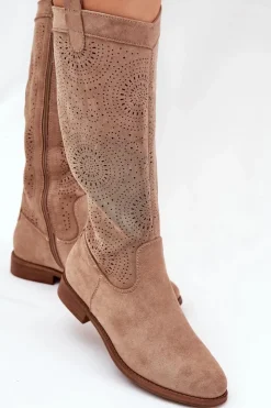 Damskie buty S.Barski Kozaki Wiosenne|Kozaki Ażurowe*Kozaki Z Ażurową Cholewką Na Płaskim Obcasie S.Barski HY51-860 Beżowe