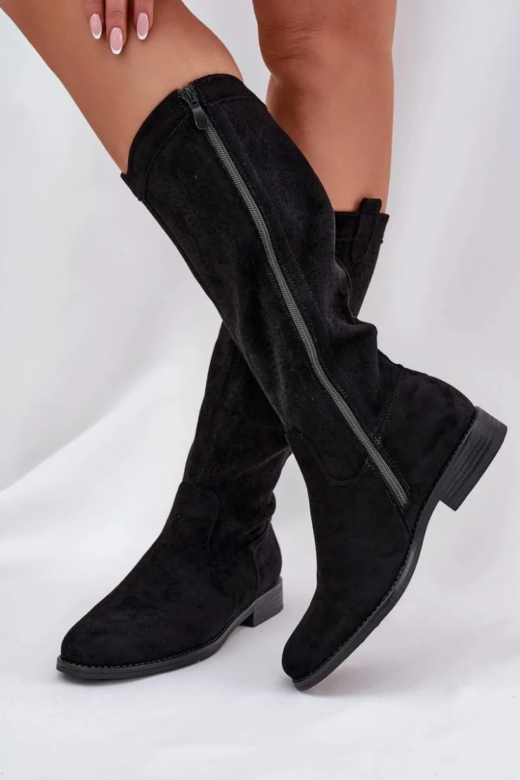 Damskie Damskie buty S.Barski Kozaki Z Ażurową Cholewką Na Płaskim Obcasie S.Barski HY51-860 Czarne