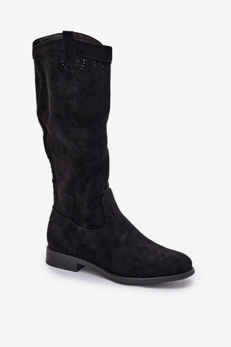 Damskie Damskie buty S.Barski Kozaki Z Ażurową Cholewką Na Płaskim Obcasie S.Barski HY51-860 Czarne