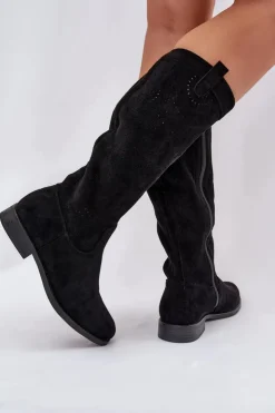 Damskie Damskie buty S.Barski Kozaki Z Ażurową Cholewką Na Płaskim Obcasie S.Barski HY51-860 Czarne