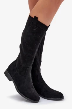 Damskie Damskie buty S.Barski Kozaki Z Ażurową Cholewką Na Płaskim Obcasie S.Barski HY51-860 Czarne