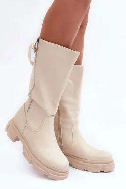 Sale Boto Kozaki Z Cholewką Do Połowy Łydki Jasnobeżowe Lizames