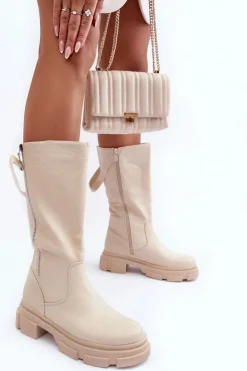Sale Boto Kozaki Z Cholewką Do Połowy Łydki Jasnobeżowe Lizames