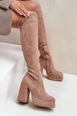 Damskie Boto Kozaki Z Cholewką Za Kolano Na Słupku I Platformie Beżowe Nadelian