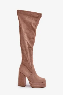 Damskie Boto Kozaki Z Cholewką Za Kolano Na Słupku I Platformie Beżowe Nadelian
