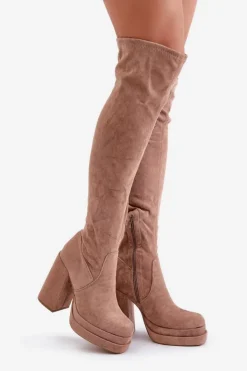 Damskie Boto Kozaki Z Cholewką Za Kolano Na Słupku I Platformie Beżowe Nadelian