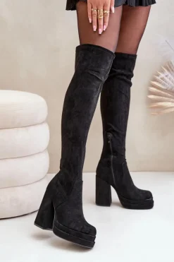 Damskie Boto Kozaki Z Cholewką Za Kolano Na Słupku I Platformie Czarne Nadelian
