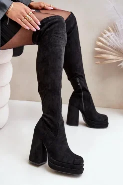 Damskie Boto Kozaki Z Cholewką Za Kolano Na Słupku I Platformie Czarne Nadelian