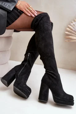 Damskie Boto Kozaki Z Cholewką Za Kolano Na Słupku I Platformie Czarne Nadelian