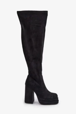 Damskie Boto Kozaki Z Cholewką Za Kolano Na Słupku I Platformie Czarne Nadelian