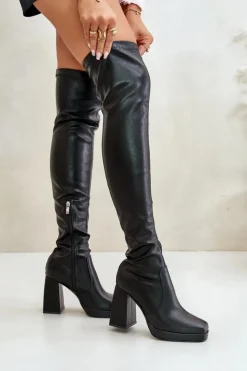 Damskie Boto Kozaki Z Cholewką Za Kolano Na Słupku Czarne Liatheia