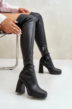Damskie Boto Kozaki Z Cholewką Za Kolano Na Słupku Czarne Liatheia