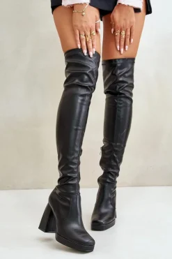 Damskie Boto Kozaki Z Cholewką Za Kolano Na Słupku Czarne Liatheia