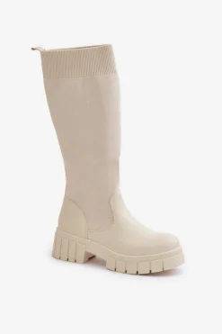 Damskie Boto Kozaki Z Elastyczną Cholewką Na Płaskim Obcasie Jasnobeżowe Mesidra