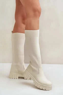 Damskie Boto Kozaki Z Elastyczną Cholewką Na Płaskim Obcasie Jasnobeżowe Mesidra