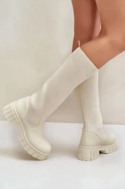 Damskie Boto Kozaki Z Elastyczną Cholewką Na Płaskim Obcasie Jasnobeżowe Mesidra