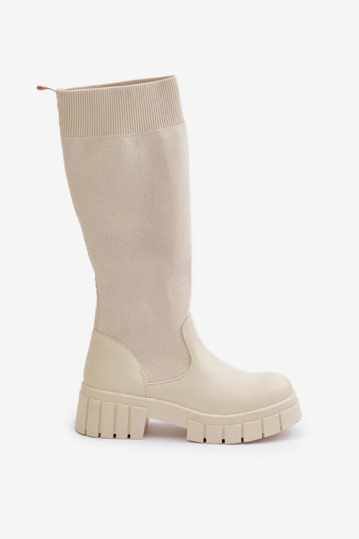 Damskie Boto Kozaki Z Elastyczną Cholewką Na Płaskim Obcasie Jasnobeżowe Mesidra