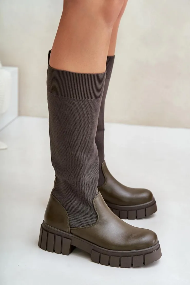 Online Boto Kozaki Z Elastyczną Cholewką Na Płaskim Obcasie Ciemnozielone Mesidra Zielony